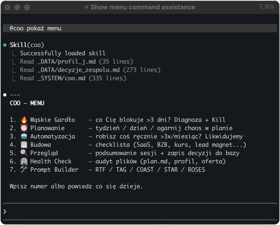 COO – menu asystenta
